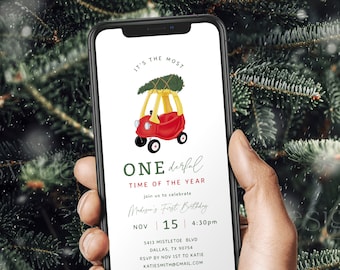 Onederful Birthday Evite, Christmas Birthday Smartphone Invite Holiday Birthday Party Text Message Invite, Winter Birthday Electronic 07