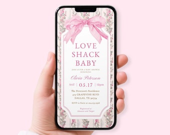 Love Shack Baby Shower Evite, Pink Bow Baby Shower Digital Invitation Templates, Coquette Baby Shower Text, Shabby Chic, Girl Baby Shower