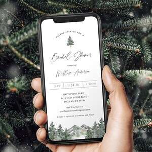 Mountain Bridal Shower Evite, Winter Bridal Shower Smartphone Invite, Forest, Woodland, Text Message Invite Electronic 08