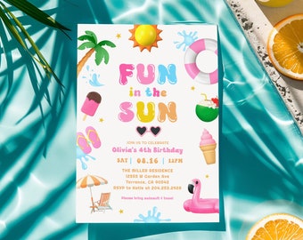 Spaß in der Sonne-Geburtstagsfeier-Einladungsvorlage, tropischer Sommer-Girly-Geburtstag einladen, Splish Splash, Mädchen-Boli-Party, Schwimmen, bearbeitbar