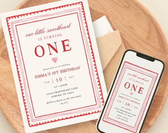 May include: A red and pink digital invitation with a white background. The invitation is for a first birthday party for a girl named Emma. The invitation includes the text "our little sweetheart is turning one" and "Emma's 1st Birthday".