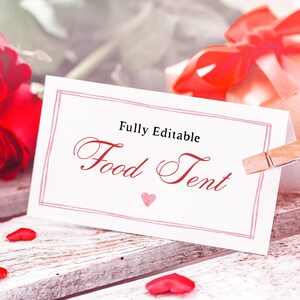 Valentijnsdag babyshower plaatskaartsjabloon, bewerkbaar, kleine lieverd eten tentkaarten, buffetkaarten, hartfeest, roze en rood, doe-het-zelf