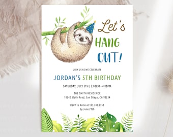 Sloth Birthday Party Invitation Template, Sloth Party, Sloth Invitations, Let's Hang Out, Boy Birthday Invitation, Zoo Birthday Invitation