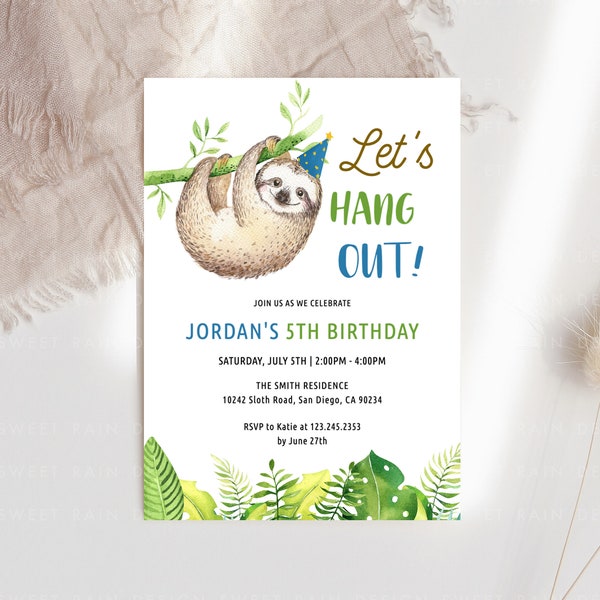 Sloth Birthday Party Invitation Template, Sloth Party, Sloth Invitations, Let's Hang Out, Boy Birthday Invitation, Zoo Birthday Invitation