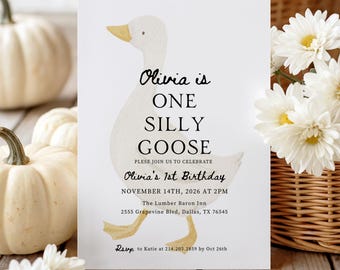 One Silly Goose Invitation Template, Canva Template, Goose 1st Birthday Invite, Editable, Gender Neutral, Silly Goose Invite, Digital