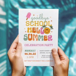 Plantilla de invitación para fiesta de fin de curso, invitación de despedida de curso, invitación para fiesta de verano, invitación para fiesta de verano en la piscina editable