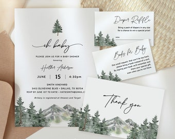 Mountain Baby Shower Invitation Set, Woodland Winter Baby Shower Invites, Oh Baby, Forest Baby Shower, Baby Boy Shower Invitation Bundle 08