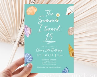 Modello di invito per la festa di compleanno "The Summer I Turned", compleanno TSITP, inviti per il compleanno estivo, 15° compleanno di una ragazza adolescente, download immediato