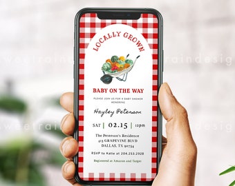 Invitation à la baby shower cultivée localement Evite, marché fermier, invitation sur smartphone à la baby shower de légumes, invitations à la baby shower neutre en termes de genre