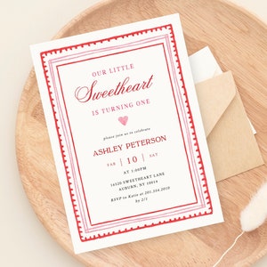 Little Sweetheart Valentine&#39;s 1st Birthday Party Invitation Templates, Pink and Red Birthday, Heart Invitation, Girl 1st Birthday Invites,