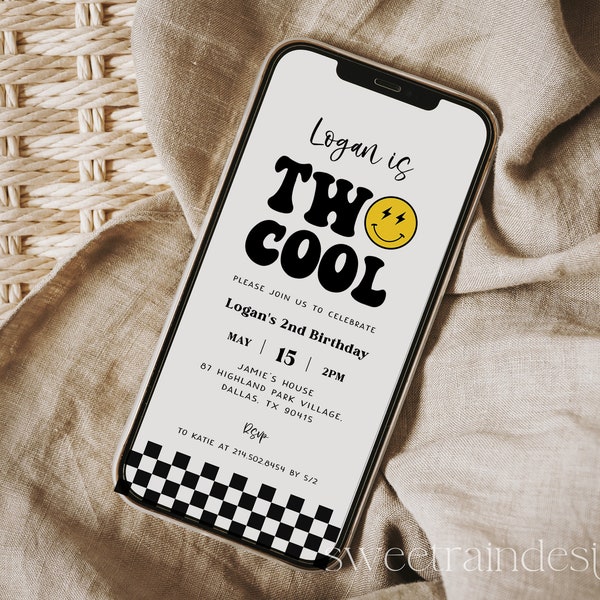 Two Cool Birthday Evite DIGITAL, Two Cool Boy 2nd Birthday Phone Invitation Template, Retro, Lighting Bolt, Two Cool E-Invite, Text Invite