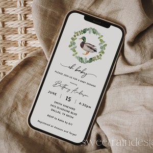 Duck Baby Shower Invitation Template, Mallard Duck E-vite, Gender Neutral Baby Shower Evite, Text Message, Mallard Duck Theme, Editable
