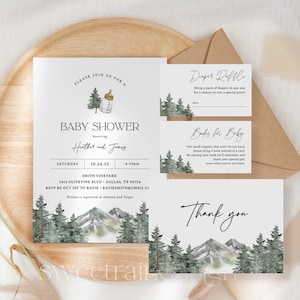Mountain Adventure Baby Shower Invitation Template, Forest Baby Shower, Evergreen Baby Shower, Woodland, Baby Boy Shower Invitation Set 08