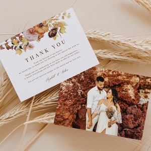 Herfst Boho dank u kaarten sjabloon, herfst bloemen bruiloft dank u kaarten met foto, Boho Wedding, verbrand oranje, rustieke bewerkbare 015