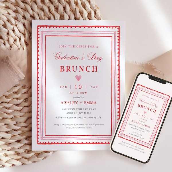 Galentine's Day Brunch Invitation Template, Galentines Evite, Galentine Invitation, Brunch and Bubbly, Galentines Party, Valentine's Brunch