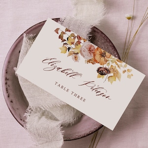 Modelo de cartões de lugar Boho, cartões de casamento rústicos no outono, cartão de nome de outono, cartões de lugar dobrados florais, cartões de nome de mesa de outono, personalizado 015