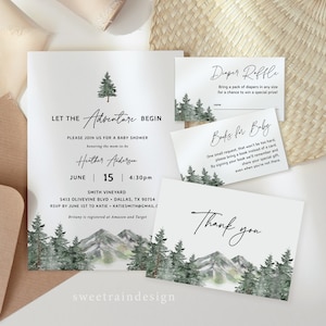 Let the Adventure Begin Baby Shower Invitation Template, Mountain Baby Shower, Woodland, Forest, Baby Boy Shower Invitation Set 08