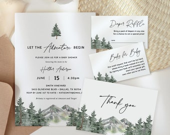 Let the Adventure Begin Baby Shower Invitation Template, Mountain Baby Shower, Woodland, Forest, Baby Boy Shower Invitation Set 08