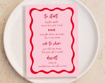 Handwritten Menu Cards Template, Retro Wedding Menu, Wave Menu Cards, Wavy Border, Pink and Red Menu Template, Colorful Editable Menu 22