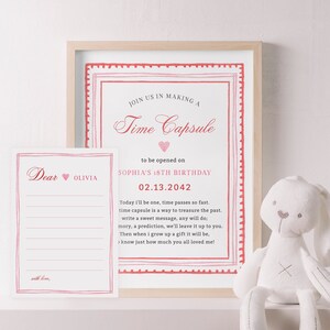 Sinal da cápsula do tempo do aniversário do querido, sinal do primeiro aniversário da menina, decoração do aniversário dos namorados, rosa e vermelho, cartão da cápsula do tempo da festa, imprimível