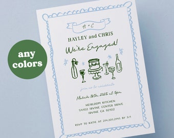 Könnte beinhalten: Eine Verlobungsankündigungskarte mit einem hellblauen, wellenförmigen Rand. Die Karte zeigt die Namen "Hayley and Chris" und den Text "We're Engaged!" mit Illustrationen von Feierlichkeiten. Die Karte enthält Eventdetails und RSVP-Informationen.