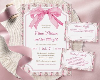 Pink Bow Baby Shower Invitation Template, Pink Girl Baby Shower Invitation Set, Coquette, Shabby Chic, Baby Girl Baby Shower Invite Editable