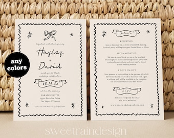 Hand Drawn Wedding Invitation Templates, Double-Sided, Whimsical, Fun Wedding Invitations, Wavy Squiggle Invitations Template, Quirky 019