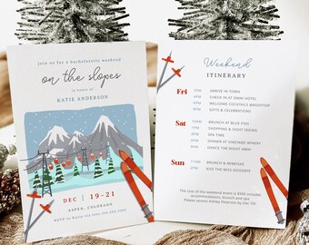 Invitation sur les pistes, modèle d’invitation à une soirée de enterrement de vie de jeune fille après ski, week-end de soirée de enterrement de vie de jeune fille à Snow Mountain, Ski Bach, modifiable