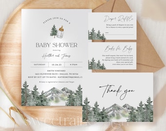 Mountain Adventure Baby Shower Invitation Template, Forest Baby Shower, Evergreen Baby Shower, Woodland, Baby Boy Shower Invitation Set 08