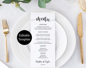 Plantilla de menú de boda rústica, menú imprimible, tarjetas de menú de boda, menú editable, menú de cena de boda, boda DIY imprimible, Templett, 4x9