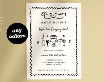 Hand Drawn Engagement Party Invitation Templates, Whimsical Engagement Invites, We're Engaged, Quirky, Dinner Party Invite Digital, 019