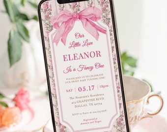 Pink Bow Fancy One Birthday Evite DIGITAL, Girl 1st Birthday Phone Invitation Template, Blush Pink, Garden, Pink E-Invite, Text Invite