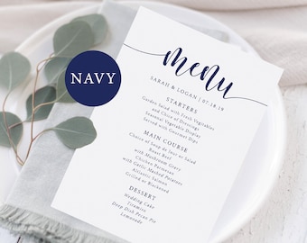 Navy Menu Card Template, Dinner Menu, 5x7 Menu Template, Editable Wedding Dinner Menu, Navy Wedding Menu, Navy Wedding Template, Printable