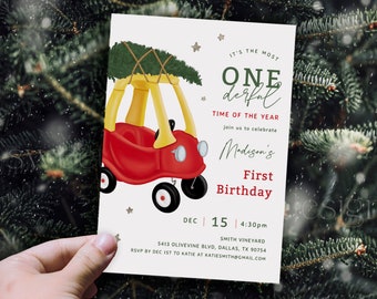 Most Onederful Time of The Year Holiday Birthday Invitation Template, Christmas Birthday Invites, Winter, Toy Car Kids Birthday Invites07