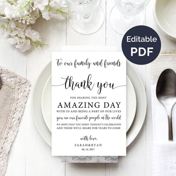 Wedding Thank You Note Template, Wedding Table Thank You, Thank You Card, Reception Thank You Cards, Guest Thank You, DIY Template