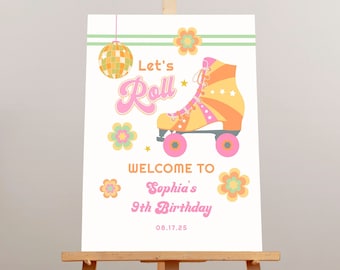 Sjabloon rolschaatsfeest welkomstbord, groovy girl verjaardagsfeestje decoraties, laten we rollen verjaardagsfeestje afdrukbare retro skate party bord