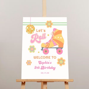 Roller Skate Party Welcome Sign Template, Groovy Girl Birthday Party Decorations, Let&#39;s Roll Birthday Party Printable Retro Skate Party Sign
