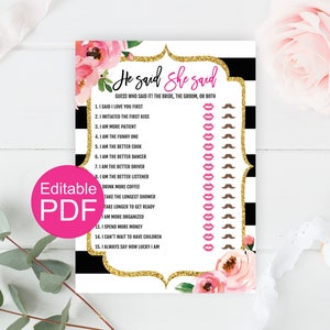 He Said She Said Editable Game, Kate Bridal Shower Games Printable, Bride Or Groom Game, Guess Who Said It Wedding Shower Game, Bachelorette