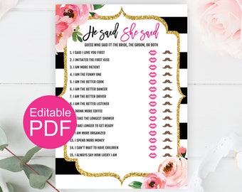 He Said She Said Editable Game, Kate Bridal Shower Games Printable, Bride Or Groom Game, Guess Who Said It Wedding Shower Game, Bachelorette