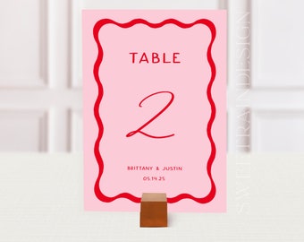 Pink and Red Table Numbers Template, Retro Wedding Table Number, Wavy Table Numbers, Wavy Squiggle Table Number, 70s Wedding, Fun 22