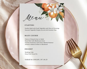 May include: A white menu card with a floral design featuring orange blossoms and green leaves. The menu lists starters, main course, and dessert options. The text at the bottom reads "SARAH & LOGAN | 07.18.23".