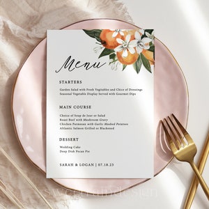 Citrus Wedding Menu Cards 5x7, Printable Menu, Little Cutie Baby Shower Menu Template, Orange Wedding Shower Menu, Citrus Bridal Shower Menu