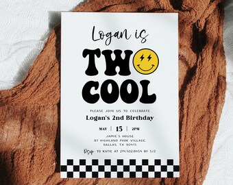 May include: A white birthday invitation with black and yellow text. The text reads "Logan is TWO COOL" with a yellow smiley face with lightning bolts. The invitation includes details for Logan's 2nd birthday party, including the date, time, location, and RSVP information.