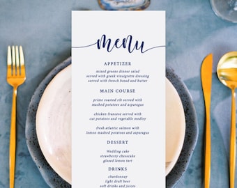 Navy Menu Card Template, Dinner Menu, Editable Wedding Dinner Menu, Navy Wedding Menu, 4x9 Menu Template, Navy Wedding Template, Printable