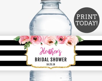 Kate Bridal Shower Water Bottle Labels Editable, Bachelorette Party Water Labels, Spade Bridal Shower Labels, Black and White Water Wrapper