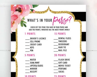 What's In Your Purse Game, Kate Bridal Shower Games, Bridal Purse Game, Wedding Shower Game, Spade Shower Party, Floral Shower Game, Stripes