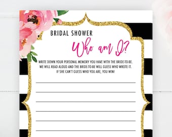 Kate Bridal Shower Games, Who am I Game Printable, Memories of Bride Game, Spade Shower Game, Floral Bridal Shower Quiz, Memory Of The Bride