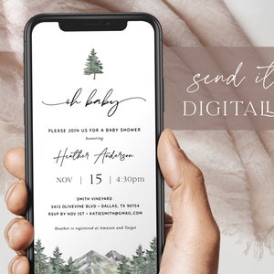 Mountain Baby Shower Evite, Winter Baby Shower Smartphone Invite, Oh Baby Forest Baby Shower, Outdoors Baby Shower Text Message Invite 08
