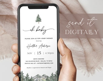 Mountain Baby Shower Evite, Winter Baby Shower Smartphone Invite, Oh Baby Forest Baby Shower, Outdoors Baby Shower Text Message Invite 08