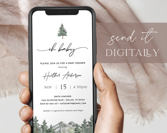 Mountain Baby Shower Evite, Winter Baby Shower Smartphone Invite, Oh Baby Forest Baby Shower, Outdoors Baby Shower Text Message Invite 08 Il_570xn